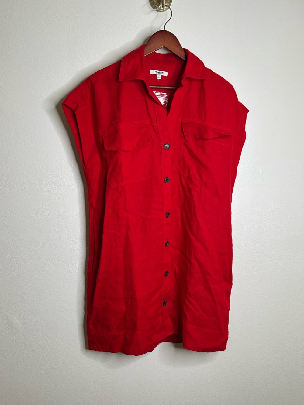 Madewell 100% Linen Utility Short-Sleeve Mini Shirtdress in Festival Red